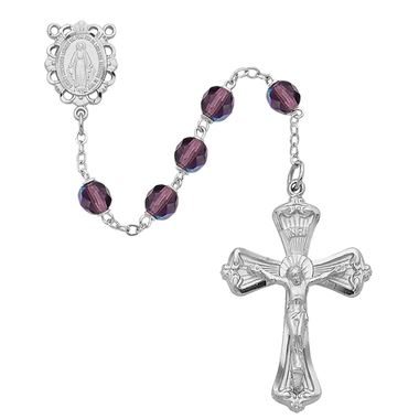 6mm Dark Amethyst Rosary With Rhodium Crucifix And Center Gift Boxed