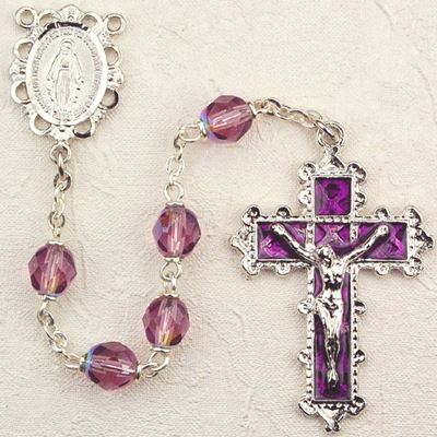 6mm Dark Amethyst Rosary with Rhodium Crucifix And Center Gift Boxed
