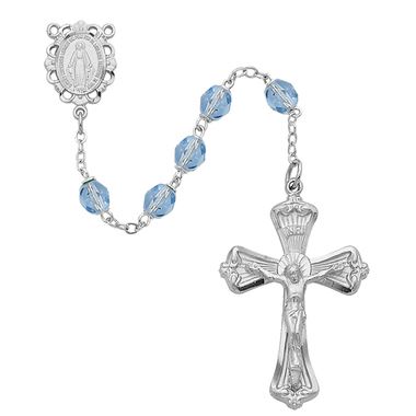 6mm Light Blue Rosary W/Rhodium Crucifix And Center Gift Boxed