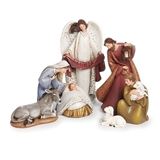 6pc Nativity Figure Set: Holy Family, 8" Angel, Shepherd, Sheep, Donkey