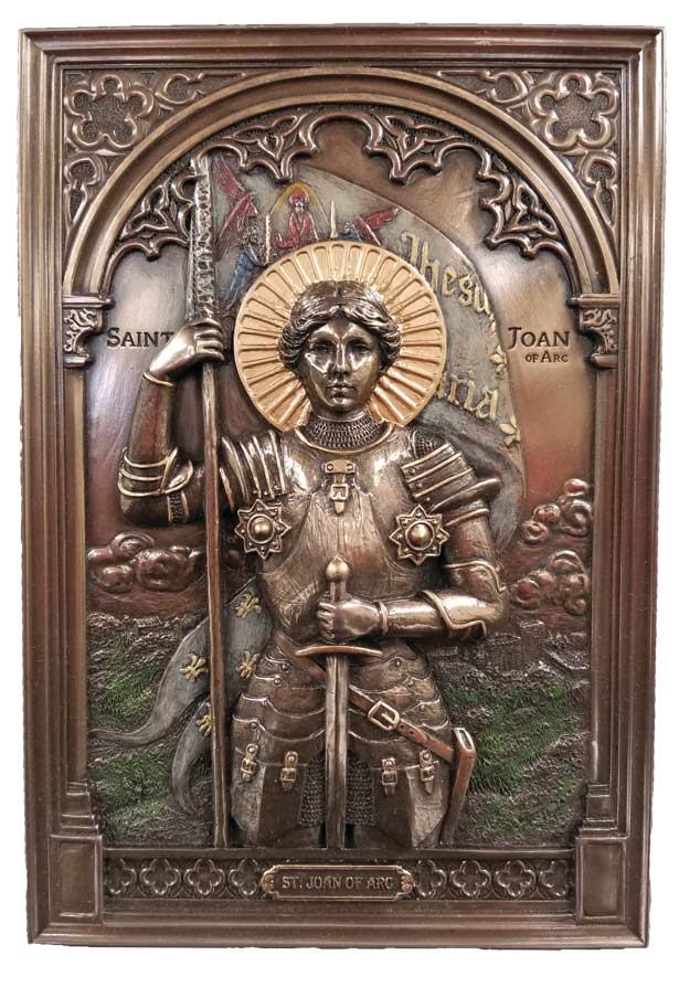 St. Joan of Arc plaque in lightly hand-painted cold cast bronze, 6x9". Stands or Hangs.