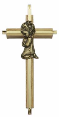 7" Brass/Oak Cross with Praying Girl