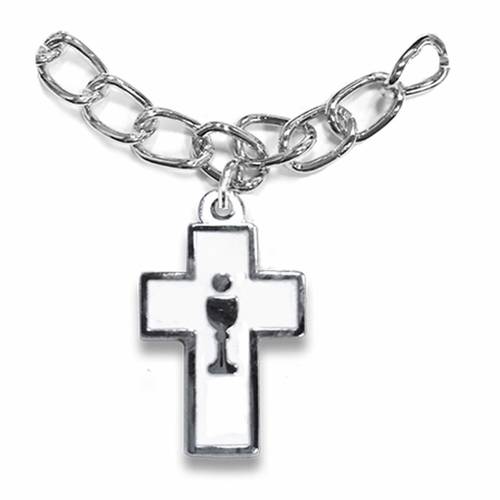 7 Inch Silver Plated Cross with Chalice Charm Bracelet