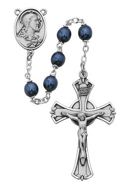 7mm Dark Blue Metallic Rosary with Pewter Crucifix And Center Gift Boxed