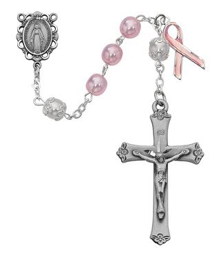 7Mm Pink Pearl Cancer Rosary Pewter Crucifix And Center Gift Boxed