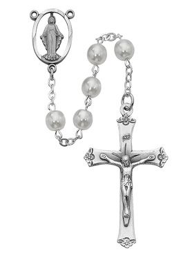 7mm White Glass Pearl Rosary