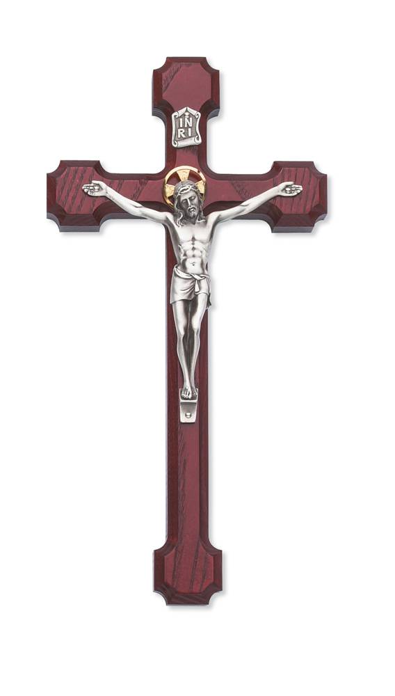 8" Cherry Stained Crucifix W/Silver Corpus And Gold Halo