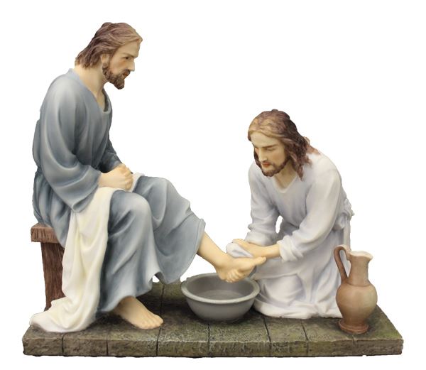 A Veronese Christ washing feet statue in full hand-painted color, 8.5".