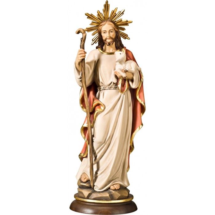 8" Jesus The Good Sheperd Color Wood Carved Made In Italy