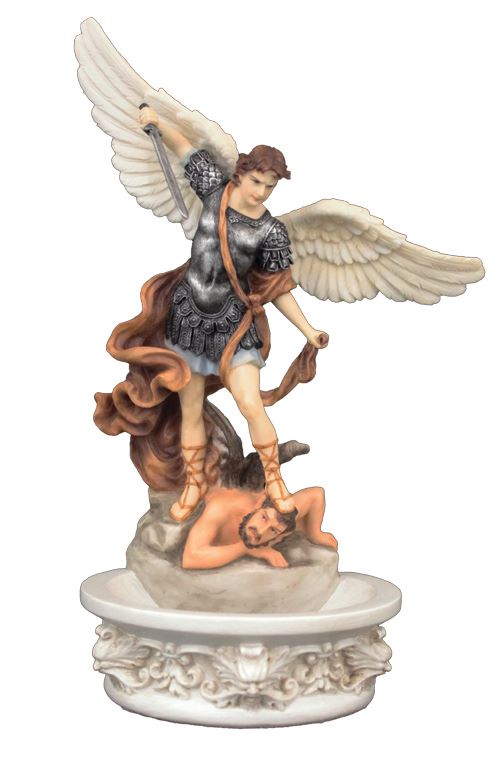 A Veronese St. Michael holy water font, in full hand-painted color, 8inches. Stands or Hangs.
