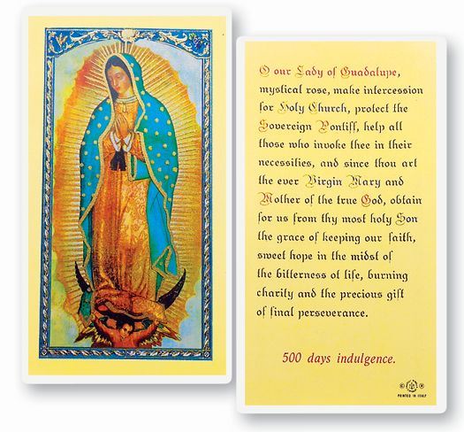 Our Lady of Guadalupe  Clear, laminated Italian holy cards with gold accents. Features World Famous Fratelli-Bonella Artwork. 2.5'' X 4.5''