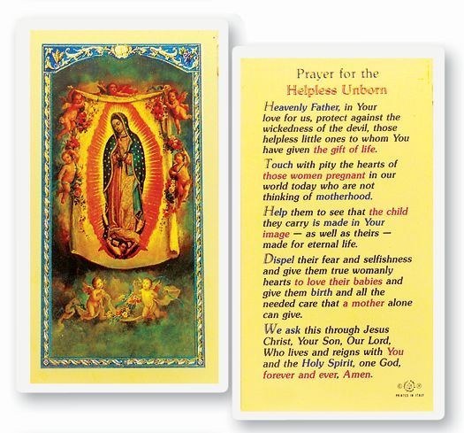 Our Lady of Guadalupe Prayer for the Helpless Unborn Laminated Holy Card