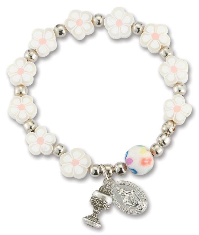 Floral White Bracelet With Chalice & Miraculous Charms