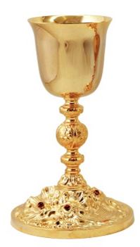 9" tall Chalice from Italy Made of gold plated brass with red stones applied on the base  The gilt is guaranteed