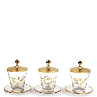 Ambry Set Handpainted 24Kt Gold Plated Lid Made In Italy Holy Oils set made of glass with 24k gold plated brass lid  The Oils stock are hand painted INF-CRIS-CAT  The gilt is guaranteed