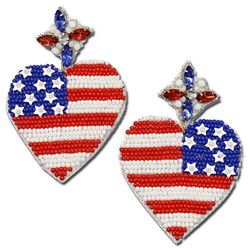 American Flag Heart Seed Beaded Earrings