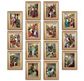 Antique Gold Frame with Glass, Easel Back or wall Hanger Stations of the Cross, Set of 14