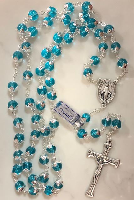 Aqua Capped 8mm Crystal Rosary from Italy