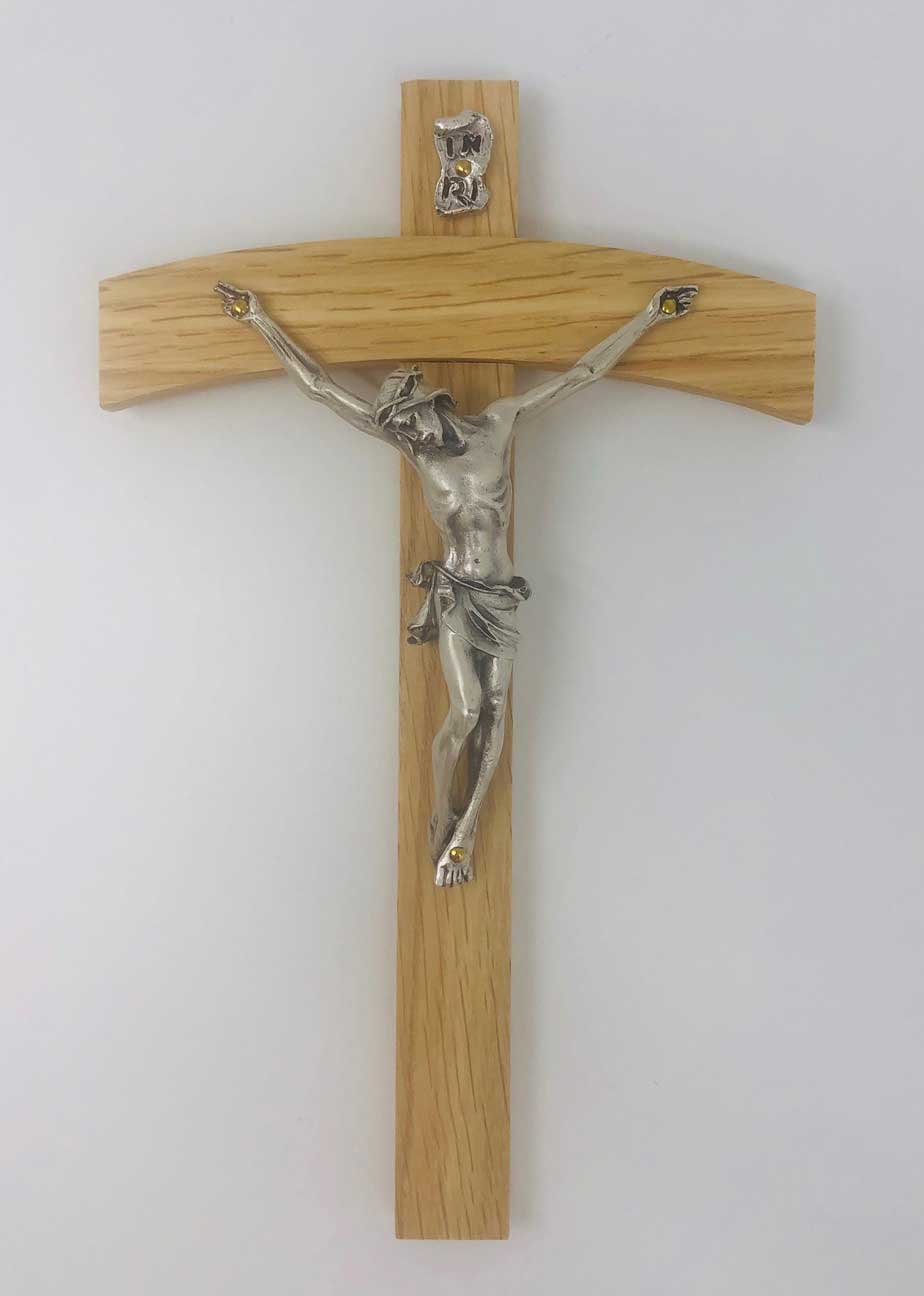 Arched 8" Wood Wall Crucifix with Silver Corpus