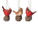 Assorted 3.25" Cardinals with Holly and Pinecone Ornaments, Sold Each