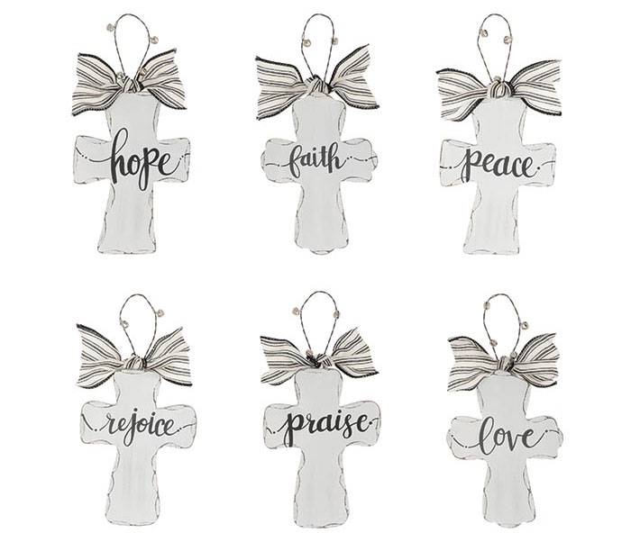 Assorted WHITE DISTRESSED Wood Cross Ornaments, Sold Each