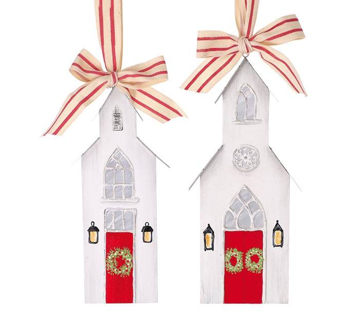 Asst Hand Painted Wood Church Ornaments, Large