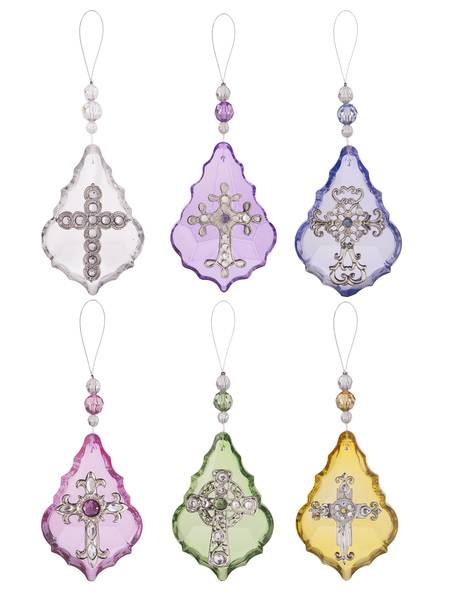 Asst Sacred Blessings Glass Ornaments; PRICE IS FOR EACH; SOLD ASSORTED  4.25" teardrop glass sun catcher for window or auto rear view mirror. 