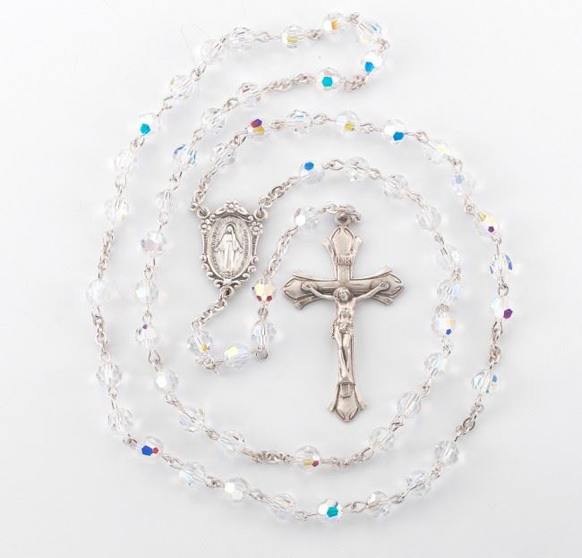 Aurora Borealis 5mm Round Swarovski Crystal Sterling Silver Rosary
