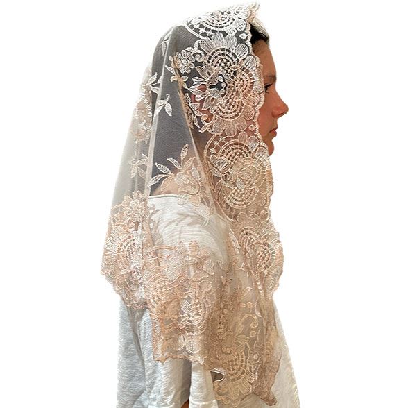Ave Maria Blush Lace Chapel Veil from Spain
