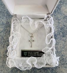Baby Cross Necklace with Cubic Zarconia Stone Center, Sterling Silver Cross on 13" Stainless Chain 