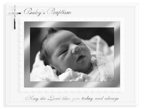 Baby's Baptism frame. Holds 4" x 6" photo, mirrored glass with silver metal inner border.
