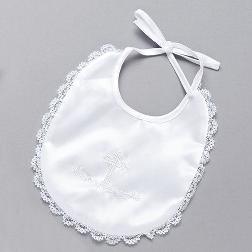 Baptismal Bib with Embroidered Design & Lace Trim
