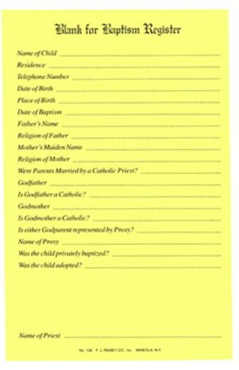 Baptismal Blank Register Form, Pad of 50 Sheets