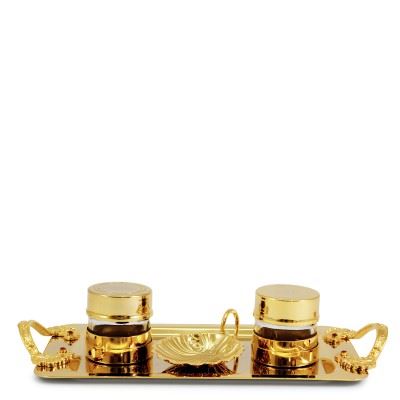 Made in Italy 24k gold plated Baptism Set  Complete Christening set with 2 Holy oils stock engraved CRIS - CAT, a shell and tray with handles  Tray 20,5 x 11 cm.  The gilt is guaranteed