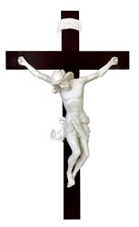 Baroque Styled 30" Wall Crucifix, White Alabaster and Wood