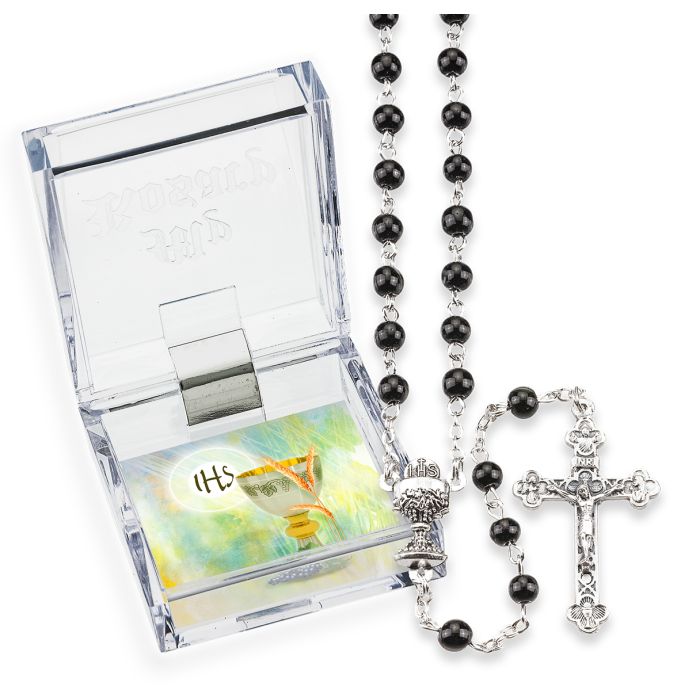 Black Glass Bead Communion Rosary Boxed