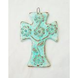 Blue and Tan Handcrafted Clay 7.5" x 5.25" Wall Cross