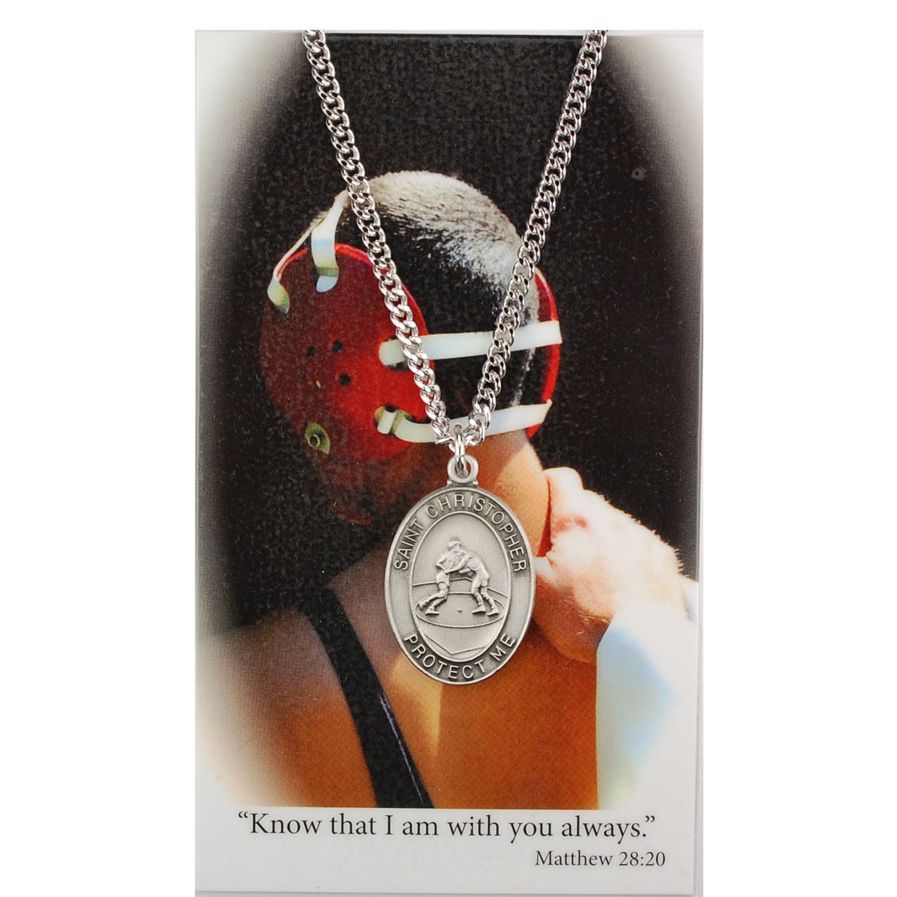 Boys St. Christopher Pewter Wrestling Medal on 24" Chain with Prayer Card