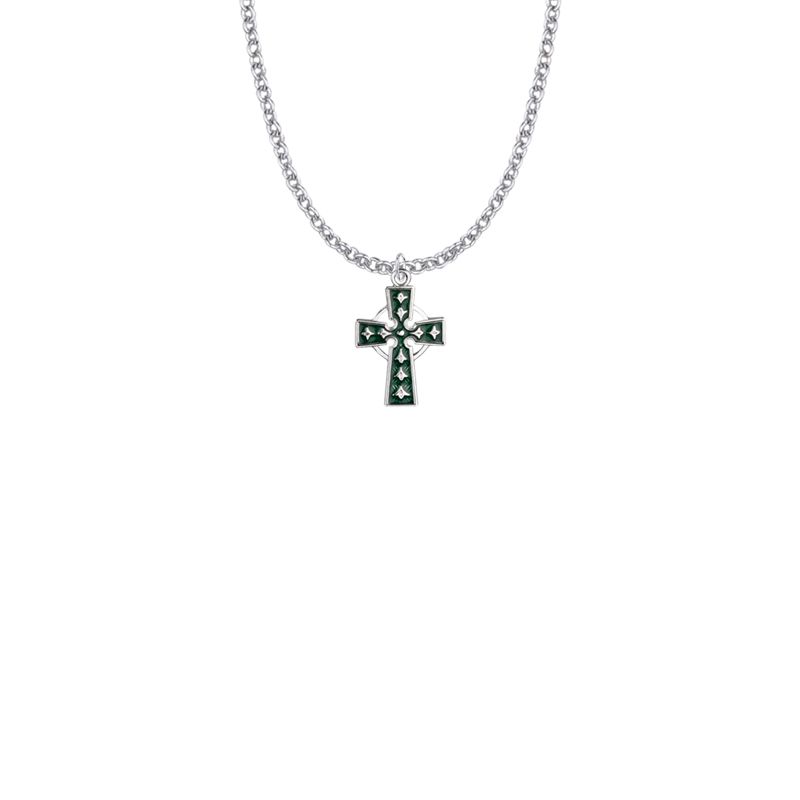 Celtic Cross Sterling Silver Green Enameled Crucifix Necklace