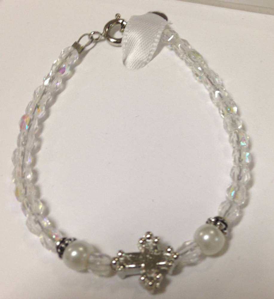 Childs Crystal and Pearl Bracelet with Cross