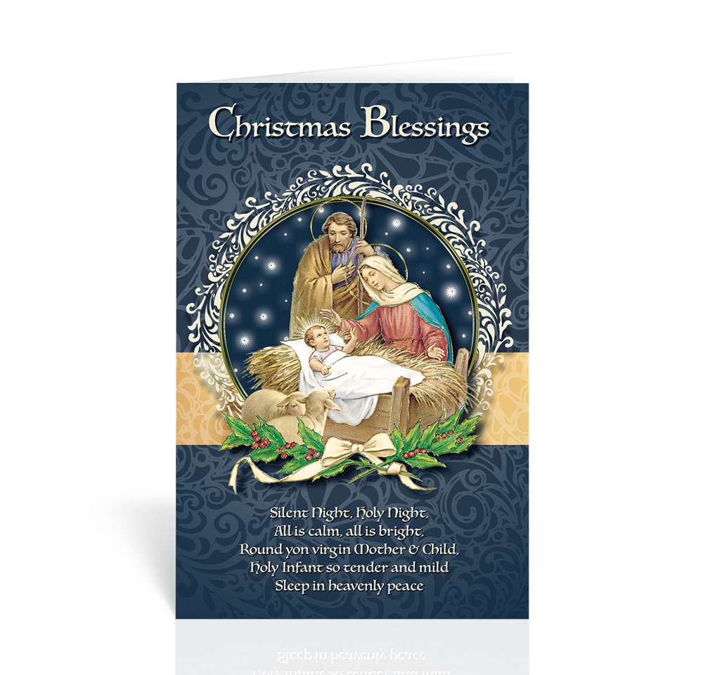 Christmas Blessings-Holy Family Greeting Card. Sold in packs of 10. Greeting cards feature gold embossing. Envelopes included.