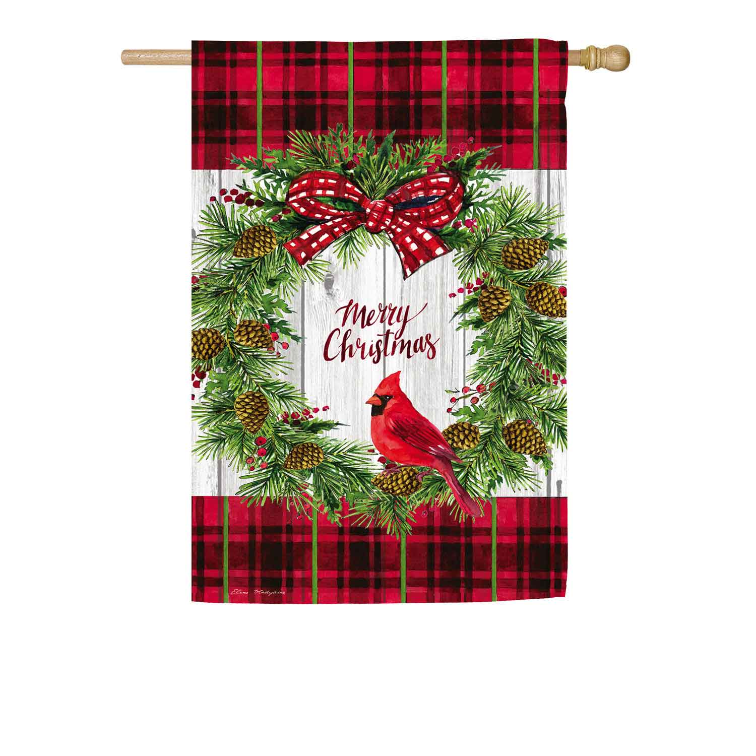 Christmas Cardinal Wreath House Textured Suede Flag