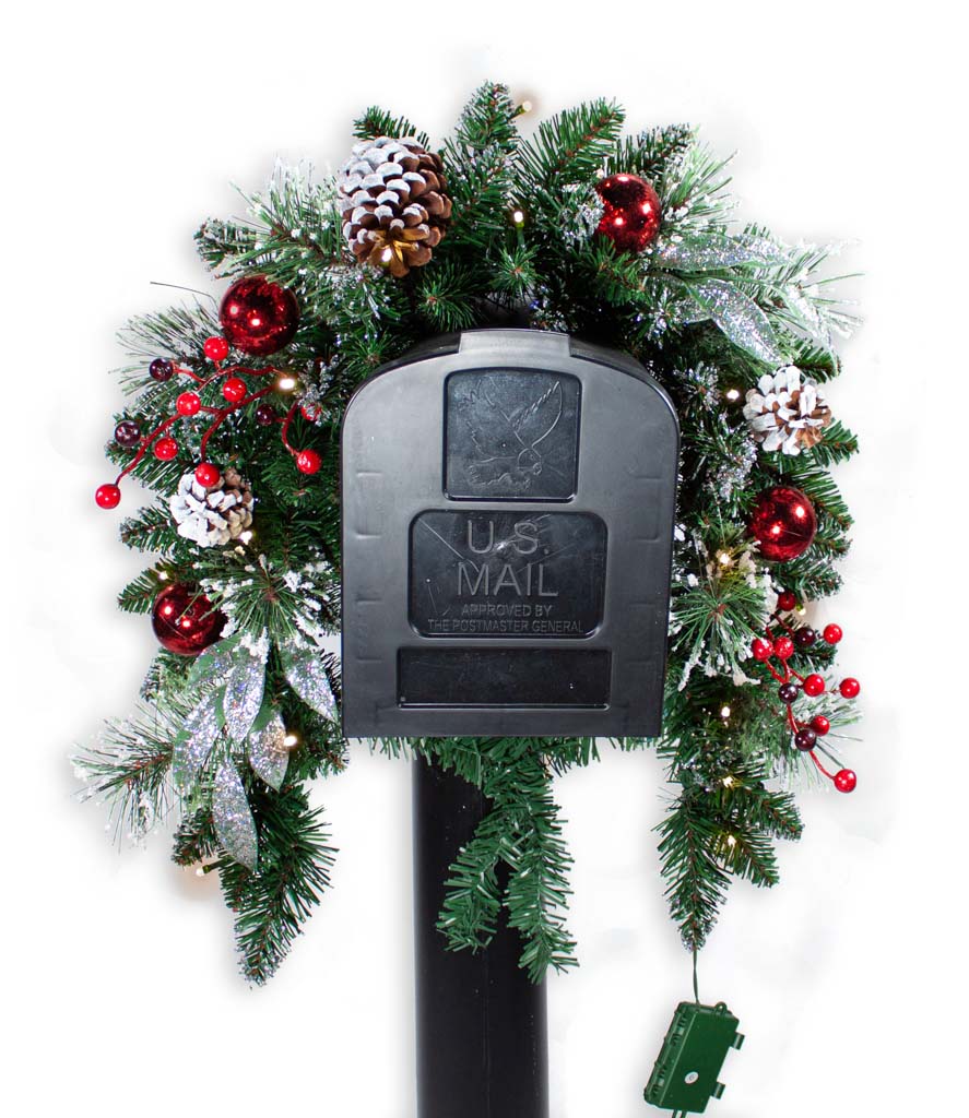 Red Ball and Silver Leaves 36" Christmas Mailbox Swag with Timer