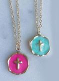 Colorful Round Scallop Edge Gold Cross Necklace on 16.5" Chain