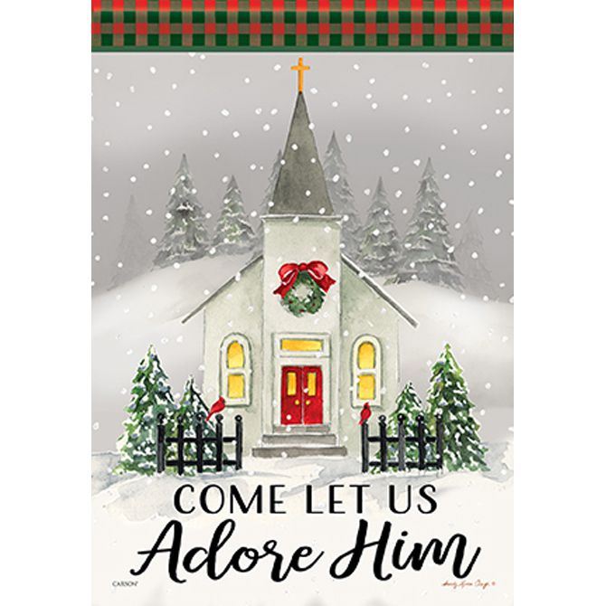 "Come Let Us Adore Him" Holiday Village Church Garden Flag