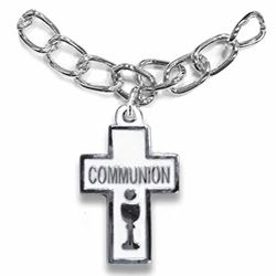 7 Inch Silver Plated Round Cross with Communion Chalice Charm Bracelet