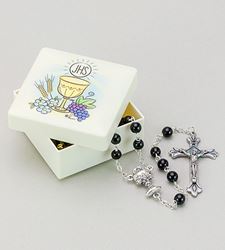 First Communion Keepsake Box with Black Bead Rosary