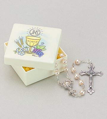 First Communion Keepsake Box with Pearl Bead Rosary