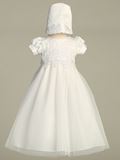 Corinne Satin and Lace Trim French Dot Tulle Christening Gown with Bonnet