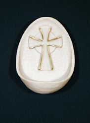 Cross Holy Water Font 3.75" White Alabaster With Gold Highlights